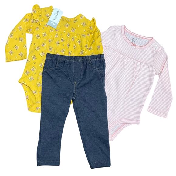 Carter’s Girl's 2 Bodysuits Pink Faux Jean 3 Piece Set Size 12 Month's NWT - Picture 2 of 8
